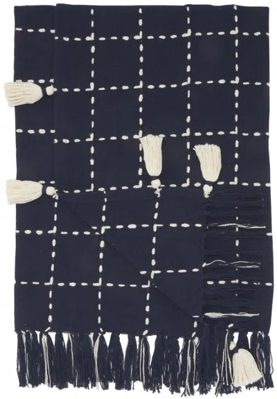 Homezia Navy And White Stitched Square Pattern Cotton Throw Blanket