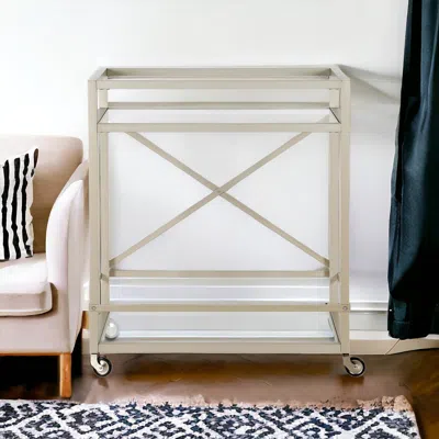 Homezia Nickel Steel And Glass Rolling Bar Cart In Blue