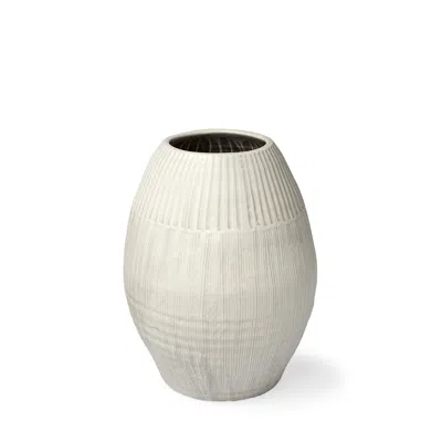 Homezia Petite White Embossed Stripes Ceramic Vase In Gray