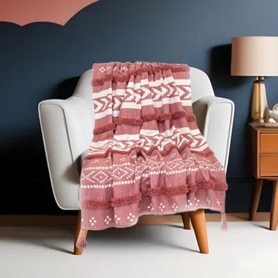 Homezia Pink Woven Cotton Striped Throw Blanket