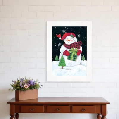 Homezia Plaid Stocking Hat Snowman White Framed Print Wall Art