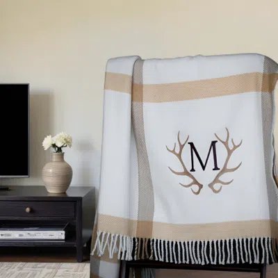 Homezia Plush Multi Beige Plaid Throw Blanket With Tassels In White