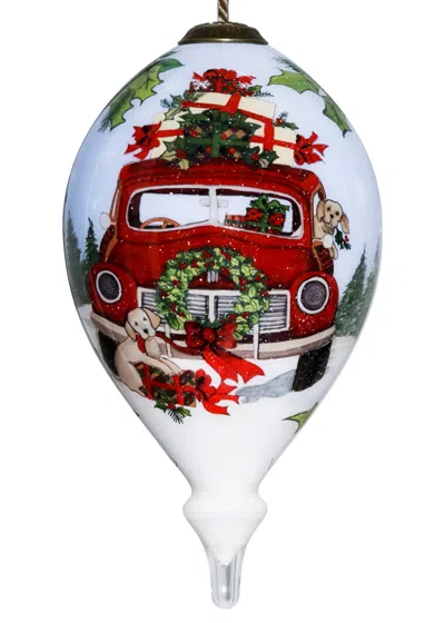 Homezia Puppy And Red Truck Christmas Wreath Hand Painted Mouth Blown Glass Ornament