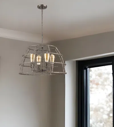 Homezia Rebarre 4-light Antique Silver Drum Pendant With Open Cage Shade In Black