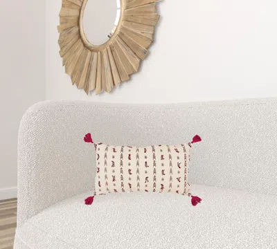 Homezia Red Beige Tribal Inspired Tasseled Lumbar Pillow