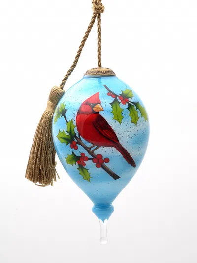 Homezia Red Cardinal On Christmas Holly Branches Hand Painted Mouth Blown Glass Ornament