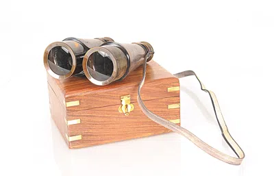 Homezia Rustic Brass And Leather Binoculars In Wood Storage Box In Brown