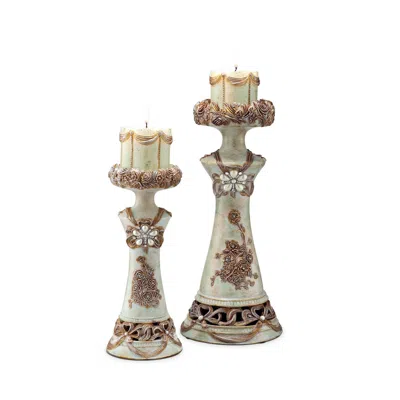 Homezia Set Of 2 Beige And Brown Vintage Pillar Tabletop Candle Holders