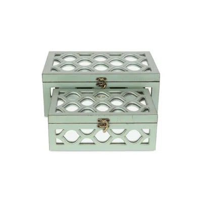 Homezia Set Of 2 Blue Wooden Boxes With Overlayed Mirror Panels