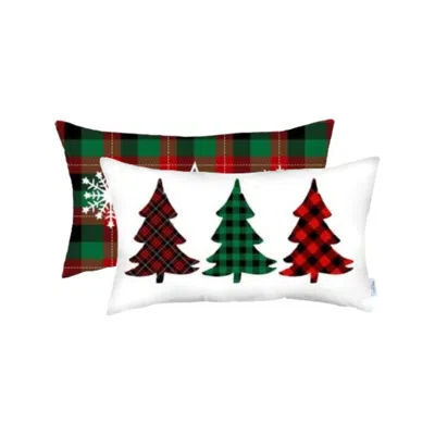 Homezia Set Of 2 Christmas Plaid Lumbar Decorative Pillow Covers In White