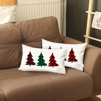 Homezia Set Of 2 Christmas Tree Trio Plaid Lumbar Pillow Covers In Brown