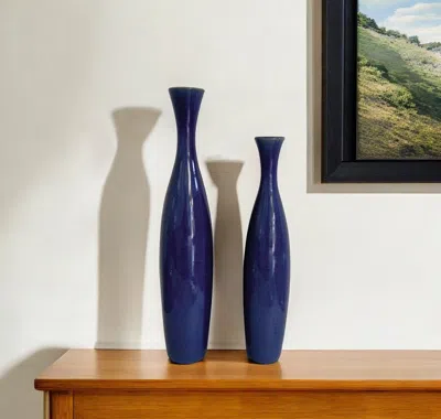 Homezia Set Of 2 Deep Indigo Blue Ceramic Tall Thin Vases