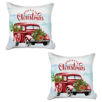 Homezia Set Of 2 Merry Christmas Vintage Red Car Thow Pillow Covers In Multi