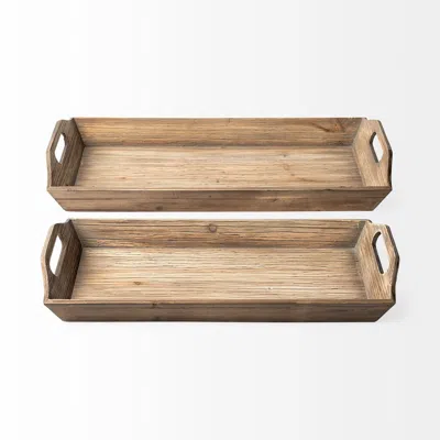 Homezia Set Of 2 Natural Brown Wood With Grains And Knots Highlight Trays In Multi