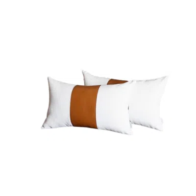 Homezia Set Of 2 Porcelain White And Center Caramel Brown Faux Leather Pillow Covers