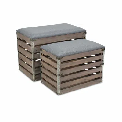 Homezia Set Of 2 Rectangular Gray Linen Fabric And Wood Slats Storage Benches
