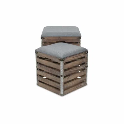 Homezia Set Of 2 Square Gray Linen Fabric And Wood Slats Storage Benches