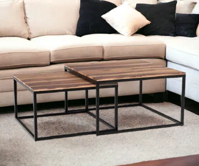 Homezia Set Of 2 Squared Off Natural Wood Nesting Coffee Tables