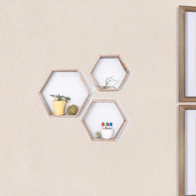 Homezia Set Of 3 Hexagon Rustic Natural Weathered Grey Wood Open Box Shelve In Multi