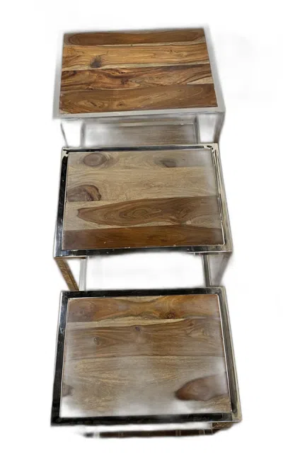 Homezia Set Of 3 Modern Rustic Nesting Tables In Blue