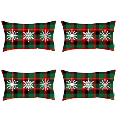Homezia Set Of 4 Christmas Snowflake Trio Plaid Lumbar Pillow Covers In Multi