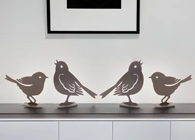 Homezia Set Of Four 6" Brown Metal Bird Bird Figurine In Gray