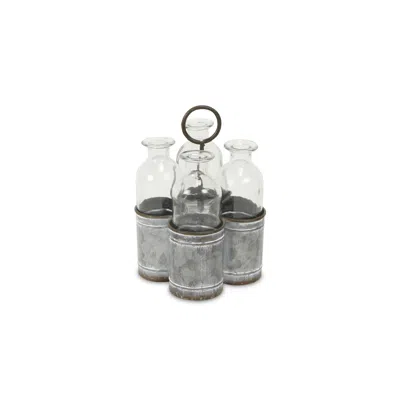 Homezia Set Of Four Clear Galvanized Metal And Glass Decorative Bottles