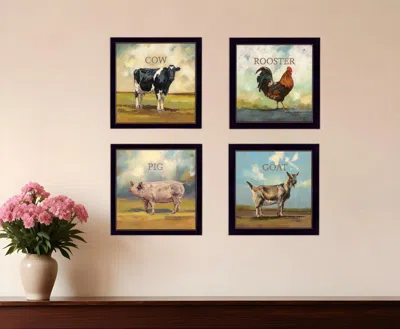 Homezia Set Of Four Farm Animals 1 Black Framed Print Wall Art In Multi