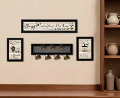Homezia Set Of Four Kitchen Collection With Seven Peg Mug Kitchen Wall Art In Black