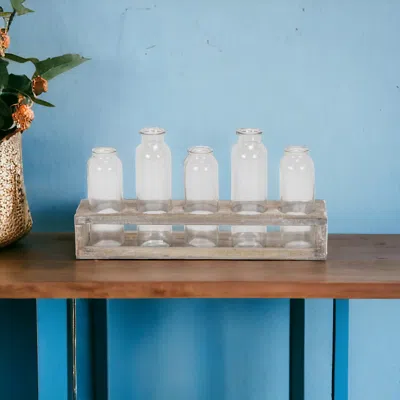 Homezia Set Of Six Clear Glass Decorative Bottles And Wood Stand In White
