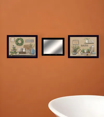 Homezia Set Of Three Bath Time 3 Black Framed Print Bath Wall Art With Mirror