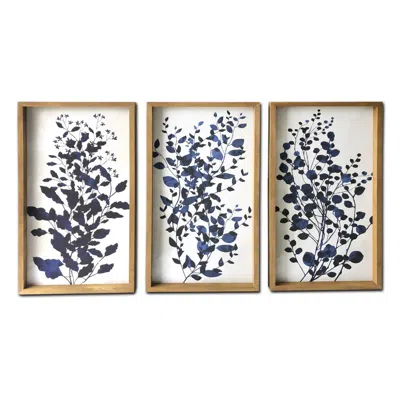 Homezia Set Of Three Blue Branches Framed Canvas Wall Art Picture Frame Graphic Art Wall Art In Brown