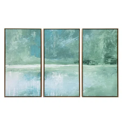 Homezia Set Of Three Blue Green Abstract Water With Gold Floater Frame Painting Wall Art