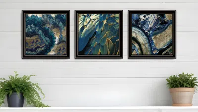 Homezia Set Of Three Deep Blue 1 Black Framed Print Wall Art In White