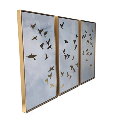 Homezia Set Of Three Golden Birds Framed Canvas Wall Art