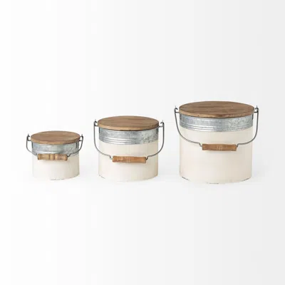 Homezia Set Of Three Rustic White Metal Storage Cans