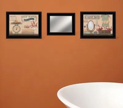 Homezia Set Of Three Wash Room Black Rim Frame Bathroom Wall Art With Mirror In Multi