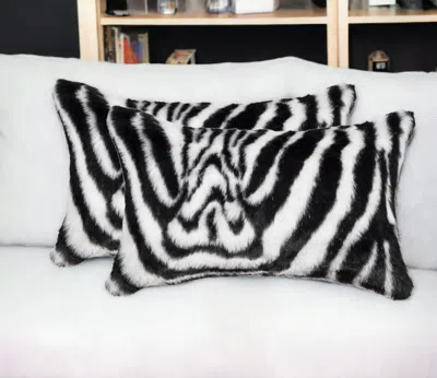 Homezia Set Of Two 12" X 20" Black And White Faux Fur Throw Pillow In Blue