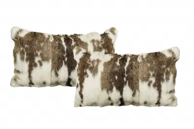 Homezia Set Of Two 12" X 20" Brown And White Rabbit Natural Fur Throw Pillow
