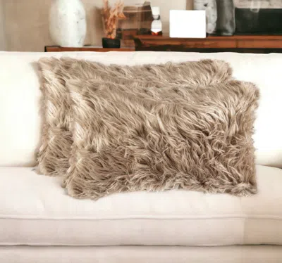 Homezia Set Of Two 12" X 20" Tan Faux Fur Throw Pillow