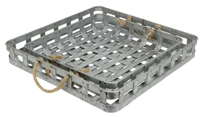 Homezia Set Of Two 17" Gray Rectangular Metal Handmade Trays With Rope Handles In Multi