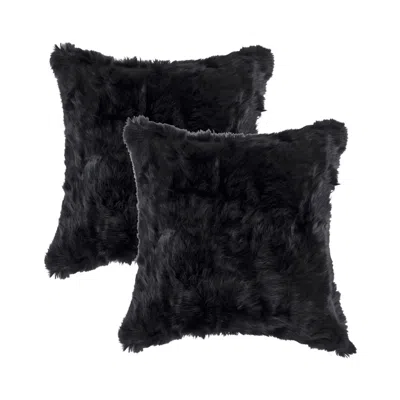 Homezia Set Of Two 18" Black Rabbit Natural Fur Throw Pillow