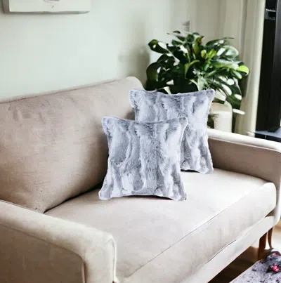 Homezia Set Of Two 18" Grey Rabbit Natural Fur Throw Pillows In White