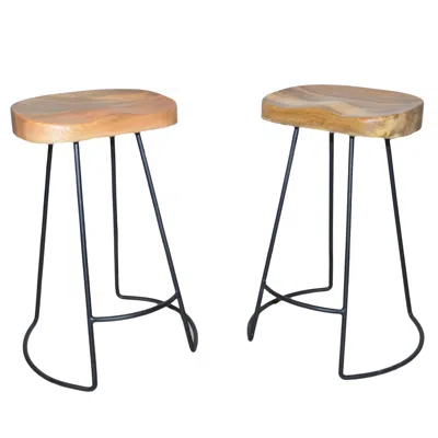 Homezia Set Of Two 25" Natural And Black Steel Backless Counter Height Bar Chairs