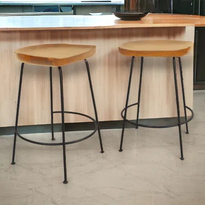 Homezia Set Of Two 25" Natural And Black Steel Backless Counter Height Bar Chairs In Brown
