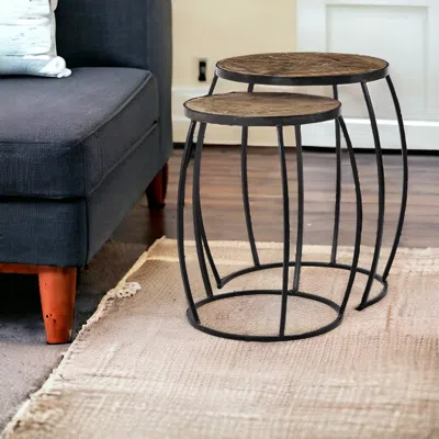 Homezia Set Of Two 26" Black And Brown Solid Wood Round End Table