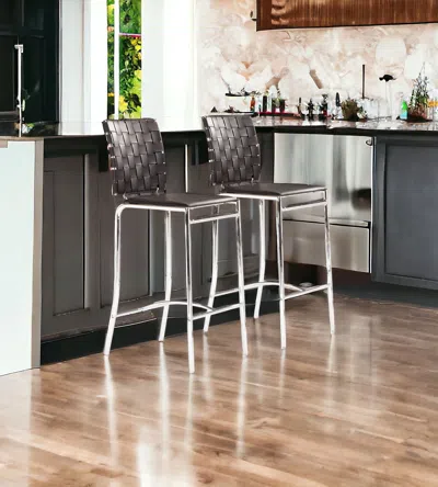 Homezia Set Of Two 26" Black And Silver Steel Low Back Counter Height Bar Chairs In Brown