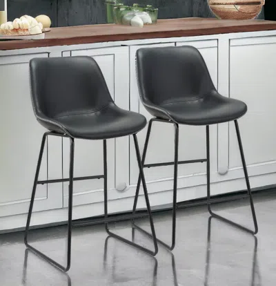 Homezia Set Of Two 26" Black Faux Leather And Metal Low Back Counter Height Bar Chairs