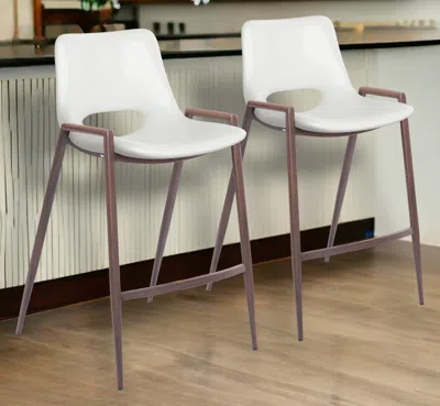 Homezia Set Of Two 26" White And Brown Steel Low Back Counter Height Bar Chairs