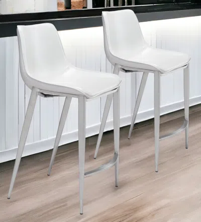 Homezia Set Of Two 26" White And Silver Steel Low Back Counter Height Bar Chairs